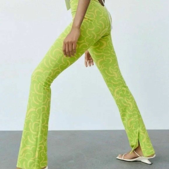 Zara Lime Green & Yellow Knit Flare Pants Medium - Picture 1 of 5
